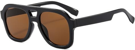 Long Keeper Retro Pilot Sonnenbrille Herren Damen 70er Vintage Sonnenbrille Pilotenbrille Eckig Klassisch Piloten Gelb Getönte Brille mit UV400 Schutz, 50MM (Schwarz Rahmen - Braun Linse)