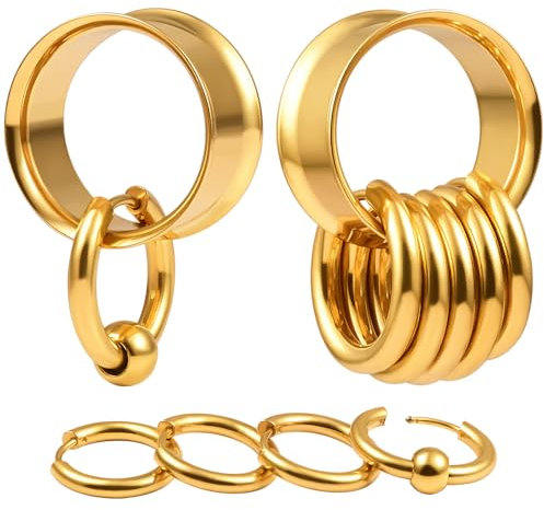 DOEARKO Ohr Flesh Tunnel 1 Paare Ohr Tunnel Plug mit 10 Ringen Edelstahl Double Flared Ohr Plug Ohrpiercing Gestreckte Schmuck für Frauen und Männer 12mm Gold