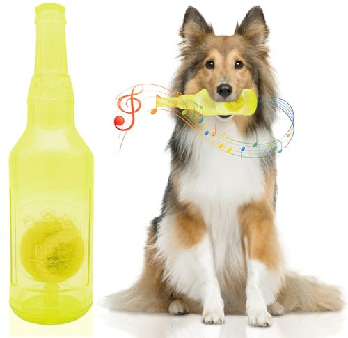 Bodorma Kauspielzeug für Hunde, Quietschendes Flaschen Tennisball Spielzeug Interaktives Hundespielzeug in Weinflaschenform für Mittelgroße und Große Hunde für Outdoor, Training und Kauen (Gelb)