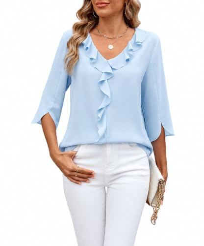 ROFUSSO Blusa Mujer Elegantes Blusas de Manga Larga Blusa de Negocios 3/4 Manga V-Cuello Ruffle Tops Blusa Casual Verano