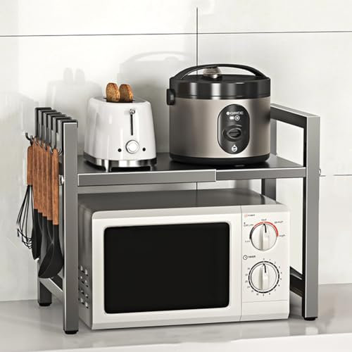Nicoone Verstellbares Mikrowellenregal, 2- Stufiges Mikrowellenständer mit 6 Haken, Küchen- Organizer- Rack Mikrowellen Bäckereiregale, Ausziehbar von 40-64cm