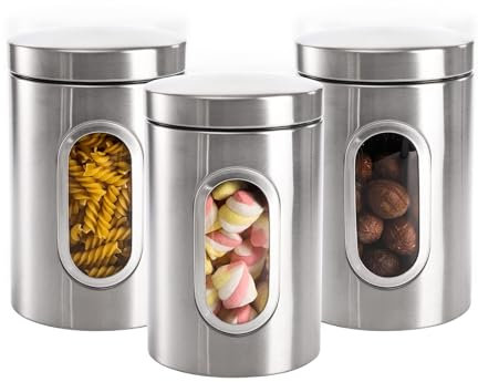Kitchen Jar Stainless Steel Set, 3PCS Canisters with Safety Lid & Viewing Window Stainless Steel Food Container Multi-Purpose Food Storage Tank for Sugar, Tea, Coffee, Dried Fruit (Silver)