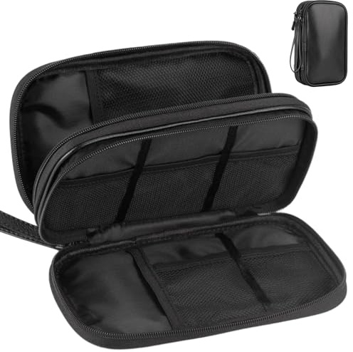 Teskyer PU Leder Kabeltasche Organizer, Doppelschicht Reise Elektronik Zubehör Kabel Organizer Tasche, Tragbare Tech Pouch für Ladegeräte, Kabel, Power Bank, SM05 - Schwarz
