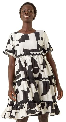 Roman Smock Dress for Women UK Ladies Swing A Line Tiered Pocket Slouch Summer Spring Everyday Evening Work Holiday Short Sleeve Smart Casual Beach Lightweight Shift - Noir White - Size 20