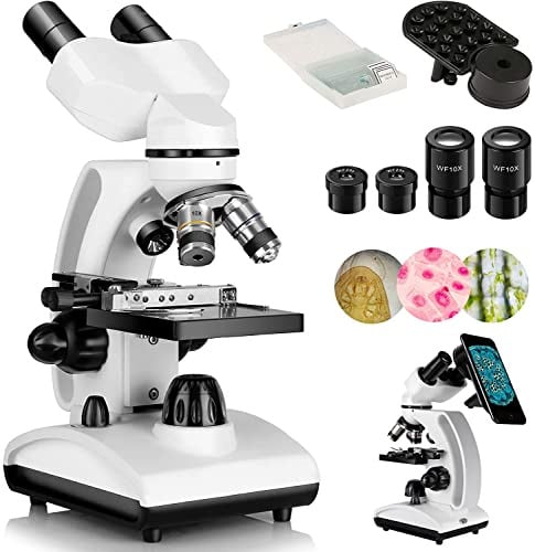 Cowiewie Microscopio Binoculare professionale a trasmissione e riflessione 40X-1000X per luce incidente e trasmessa, con oculare e illuminazione a LED, microscopio per studenti con vetrini