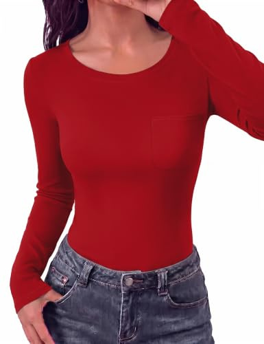 Aottori Long Sleeve Tops Women Crew Neck T Shirt Chest Pocket Stretch UK | Soft viscose stretch, practical chest pocket, plain design, easy work and weekend layer