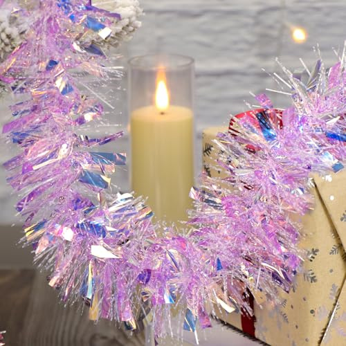 Kunjocy 10M/32.8Ft Chunky Christmas Tinsel Garland, Christmas Tinsel Metallic Twist Tinsel Christmas Tree Tinsel Decorations Thick Hanging Decoration for Xmas Tree Doorway Window Decor (Purple)