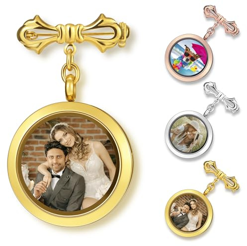 OTXIXTO Breloque Photo Personnalisée pour Bouquet de Mariage Médaillon Photo Rond en Verre Double Face Personnalisé Pendentif Broche Cadeau Souvenir de Mariage pour la Mariée et le Marié - Or