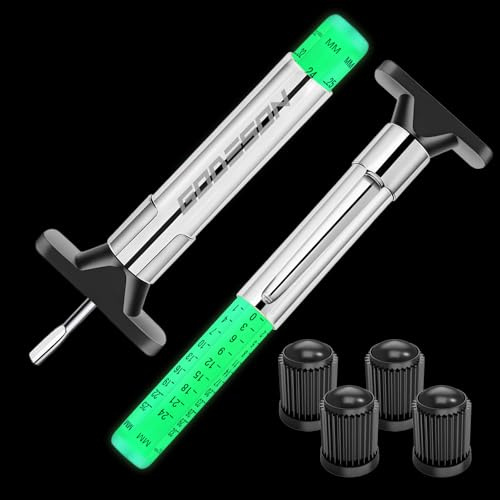 GODESON Paquete de 2 medidores de profundidad de banda de rodadura de neumáticos Glow UK, 6 lados codificados por colores, calibre de profundidad de neumáticos de doble escala Reino Unido (1/32