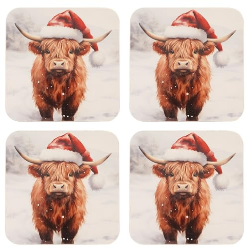 Widdop Set of 4 Christmas Highland Cow Coasters – Festive Wooden Coaster Set with Santa Hat Design – Rustic Country Christmas Tableware