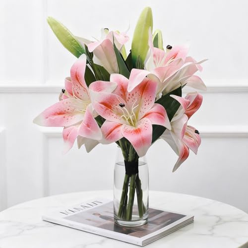 BOVUN Artificial Lily Flowers, 6PCS Short-Stem Faux Lilies with 12 Flower Heads and 6 Buds for Home, Wedding, Office, Party Décor & DIY Floral Arrangements (Pink)