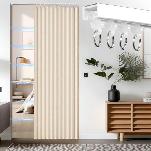 XLSBZ Blackout Magnetic Door Curtain with Rod, Folding Door Curtains Sliding Room Divider Curtain for Bedroom Closet,55x78 (Beige)