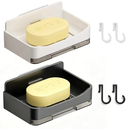 Soap Dish for Shower 2 Pack, Soap Holder with, Self Draining Holder for Bathroom Tub and Kitchen Sink, Drill-Free Waterproof Tray