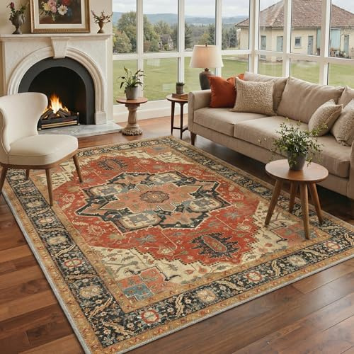 BEIMO Vintage Waschbarer Teppich Wohnzimmer, 160x230cm Rot | Boho Orientalisch, Großer Weicher Kurzflor Carpet mit Rutschfester für Küche und Bettvorleger Schlafzimmer