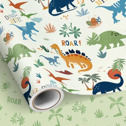 SHUCHING Dinosaur Wrapping Paper Roll - 43 cm x 10 m, Reversible Palm Tree Gift Wrap for Kids, Boys, Birthdays, Baby Showers and Dinosaur Parties