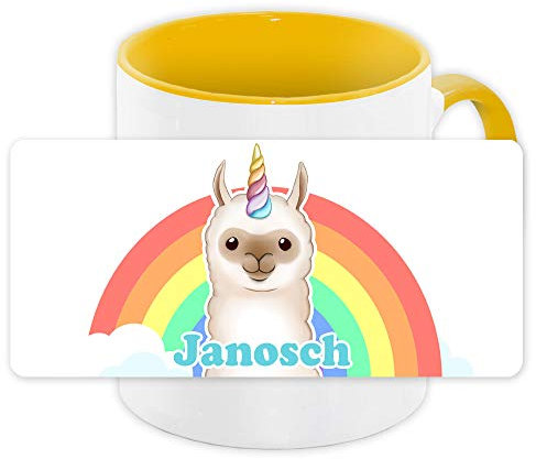Tasse mit Namen Janosch und Motiv mit Lama-Einhorn für Jungen | Keramik-Tasse | Kinder-Tasse | Nerd-Tasse