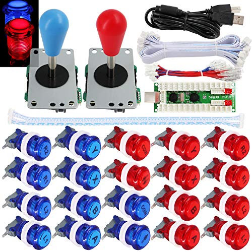 SJ@JX 2 Player Arcade Game Stick DIY Kit Buttons with Logo LED 8 Way Joystick USB Encoder Cable Controller for PC MAME Raspberry Pi Red Blue