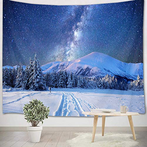 LB Schneeberg Wandteppich Sternenhimmel Wandbehang Winter Schnee Blau Nacht Landschaft Tapisserie für Wohnzimmer Schlafzimmer Wohnheim Wand Dekor,200x150cm