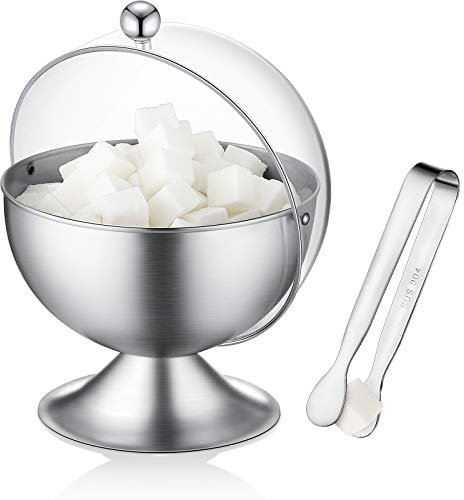 Sugar Bowl with Roll Top Stainless Steel Spherical Candies Bowl and 4.3 Inch Sugar Tong Stainless Sugar Clip for Household Kitchen Coffee Bar Beverage Serving