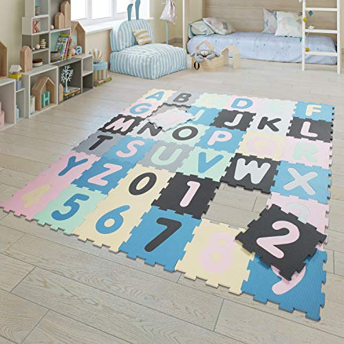 TT Home Spielmatte Puzzlematte Kindermatte Schaumstoff Buchstaben Zahlen 36 Puzzleteile, Farbe:Bunt, Größe:32x32 cm x 36 Stück