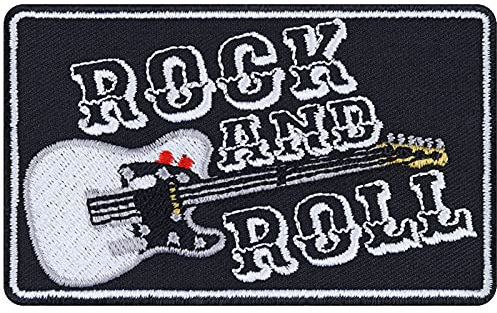 ROCK AND ROLL Aufnäher bestickt - Rocker Aufbügler Patch mit Gitarre Bügelbilder Rockabilly Sticker Geschenk Rock N Roll Emblem zum annähen/aufbügeln | 90x55mm