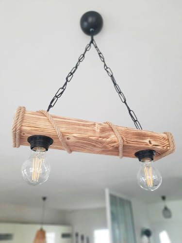 Solenzo - Lampadario a Sospensione in Legno e Corda Stile Industriale Rustico Chic 2 Lampadine (E27)