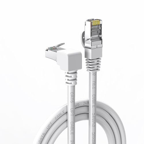 JUXINICE 90 Degree Cat6 Ethernet Cable White Down/UP Right Angled CAT 6 Ethernet Patch Cables Gigabit Network Cord RJ45 90 Degree Adapter (Downward Angle, 10FT)