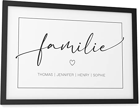 Papierschmiede® Bild Familie Personalisiert mit Namen, DIN A4 (21x30 cm) Rahmen wählbar, Familienposter personalisierte Familiengeschenke Wandbild für Zuhause Flur Bilder Kalligrafie Typografie