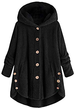 BSWFA Hoodie Damen Kapuzenpullover Button-Down Teddy-Fleece Pullover Herbst Winter Warm Oberteil Plus Size Langarm Fleecejacke Einfarbig Casual Sweatshirt mit Taschen (c-Black, S)