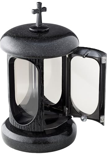 Large Round Granite Memorial Lantern – H 8.6 (22cm) Black Graveside Tribute with Cross - Funeral Gift, Cemetery Grave Ornaments, Memory Lantern, Candle Decoration for Graveyard