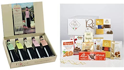 Toso S.p.a Confezione Fiocco di Vite (5 x 0.75cl): Moscato d'Asti docg, Piemonte Bianco frizzante doc, Prosecco frizzante doc & RE REGALO KIT DEGUSTAZIONE DOLCEZZA IN TAVOLA Cesto 10 pezzi Cioccolato