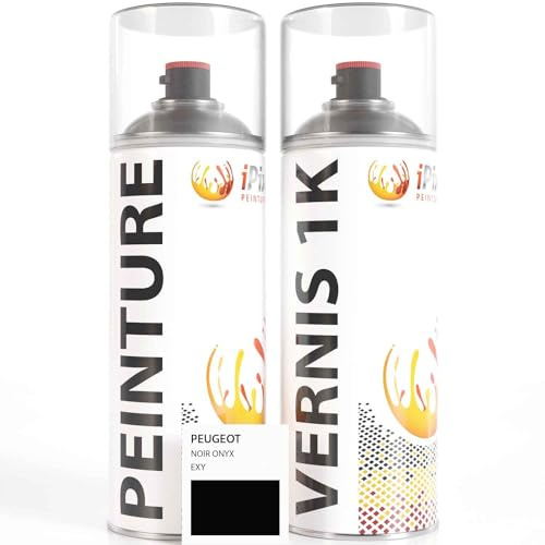 ipixline Kit Retouche Peinture Carrosserie Voiture - Bombe Aérosol Peinture Auto 400 ml, Vernis Brillant 1k 400 ml - Compatible avec Peugeot - Noir Onyx EXY