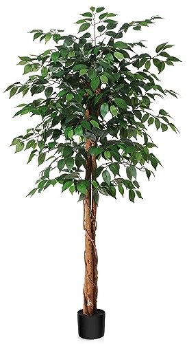 SOGUYI 150 cm Kunstpflanze Ficusbaum - Kunstpflanzen wie echt mit Stamm aus Naturholz, Große Künstliche Pflanzen für Büro, Zuhause, Innen- und Außendekoration, 1 Packung