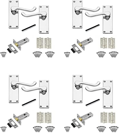 Golden Grace Victorian Scroll Latch Door Handles 4 Sets, 120mm x 40mm | Polished chrome finish with a durable zinc handle; includes 3-inch ball bearing hinges and a 64mm tubular latch pack.