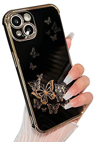 ZTOFERA Case for iPhone 13, Plating Butterfly Pattern Case with Electroplate Golden Edging, Flexible TPU Protective Shockproof Bumper Cover for iPhone 13 6.1 - Black
