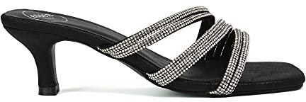 Womens Low Kitten Heel Sandals Ladies Diamante Straps Slip On Sparkly Black Party Shoes Size 7