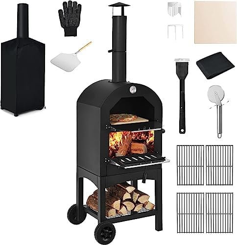 COSTWAY Horno de Pizza de Leña para Exterior, Parrilla de Pizza Independiente con 2 Ruedas, Cubierta Impermeable, Piedra de Pizza, Fabricante de Pizza Resistente para Patio, Porche, Terraza, Negro