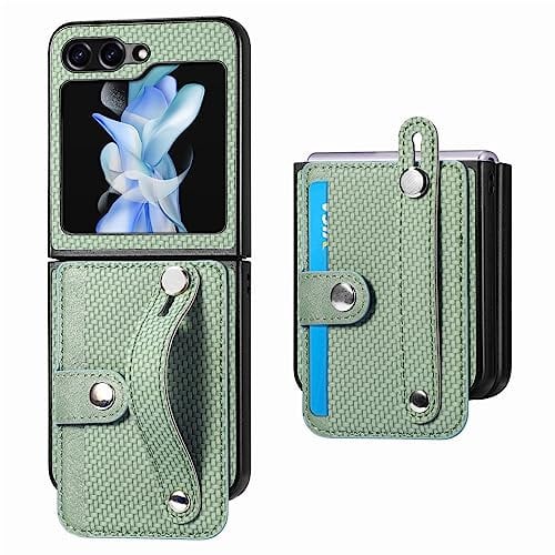 Reevermap Samsung Galaxy Z Flip 5 Case with Wrist Band Ring Holder, Shockproof Wallet Flip Stand Fiber PU Leather Hard PC Interior Card Slots Bumper Case for Samsung Galaxy Z Flip 5 5G Green