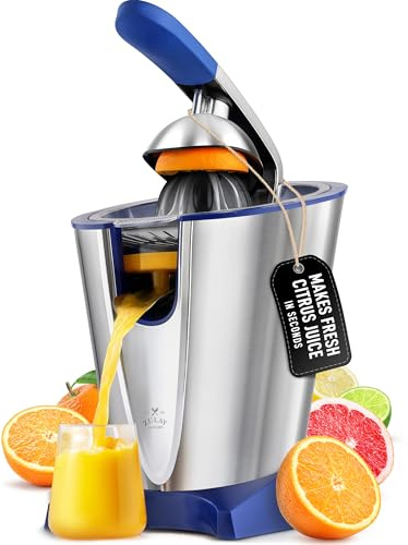 Zulay Electric Citrus Juicer - Makes Fresh Orange, Lemon, Grapefruit, Lime Juice - Stainless Steel, 160W Powerful & Quiet, Interchangeable Cones -Filters Out Seeds & Pulp- Dishwasher Safe Parts - Blue