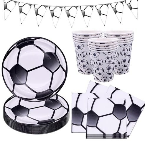 PIUMOJ Schwarzer und Weißer Fußball Party Pappteller,Fußball Partygeschirr Set,Fußball Geburtstag Partygeschirr,Sport Thema Fussballparty Geburtstagsparty Set für Kindergeburtstag Deko,8 Gäste