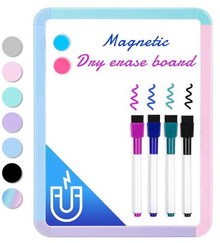 VUSIGN A4 Magnetic Whiteboard 22 × 28 cm, Multicolor Small Dry Erase Board | With 4 Markers, Magnets, Adhesive Pads & Pen Holders, Mini White Board for Fridge, Wall, Office, Kitchen & Planning