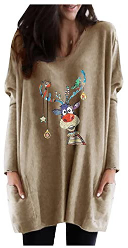 Damen Weihnachten Sweatshirt Langarmshirt Teenager Mädchen Weihnachts Jumper Xmas Merry Christmas Sweatshirt Lustig Druck Pulli Christmas Sweatshirt Weihnachten Weihnachtspulli (Khaki, XXXL)