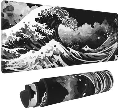 Grand tapis de souris motif vagues japonaises noir et blanc 31,5 x 11,8 cm, XL, design cool, tapis de souris étendu, tapis de souris avec base en caoutchouc antidérapant, bords cousus pour la maison,