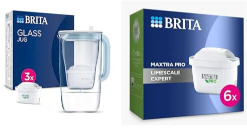 BRITA Glass Water Filter Jug Light Blue Starter Pack incl.3x MAXTRA PRO All-in-1 cartridge-Premium Glass Design jug & MAXTRA PRO Limescale Expert Water Filter Cartridge 6 Pack