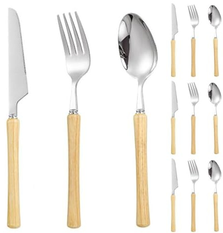 Mango De Madera De Peral, Vajilla De Acero Inoxidable Para Cocina, Cubiertos, Cuchillos, Tenedores, Cucharas, Juego De Cuchillo Para Carne, Cuchara De Postre (Ceniza de madera,12 piezas)