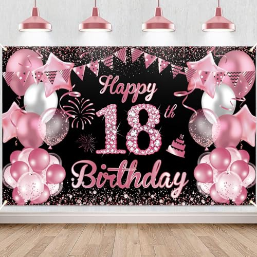 18.Geburtstag Banner Rosérot Schwarz, Waylipun 18 Geburtstag Party Hintergrund Deko, Großes Stoff 18 Jahr Geburtstagsdeko Poster für 18. Mädchen Tisch Wand Dekoration Zubehör, 180 x 110 cm