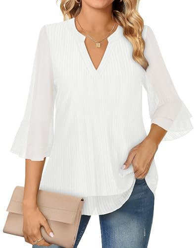Akiooue Plus Size Blouses, Women's Casual 3/4 Sleeve Tunic Blouse, White V-Neck Tops for Evening