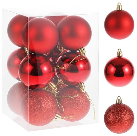 RELONGGI 12pcs Christmas Tree Baubles, 6cm Pre-Strung Elegant Shatterproof Ornaments, 3 Styles for Holiday, Wedding, Halloween Decor (Red, Middle)