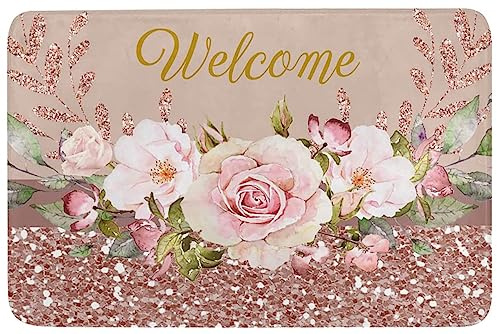 Door Mat Funny Flower Gold Blush Pink Flowers Welcome Front Door Mat Soft Entrance Rug Machine Washable Entrance Matting For Kitchen Outdoor Inside 40x60cm