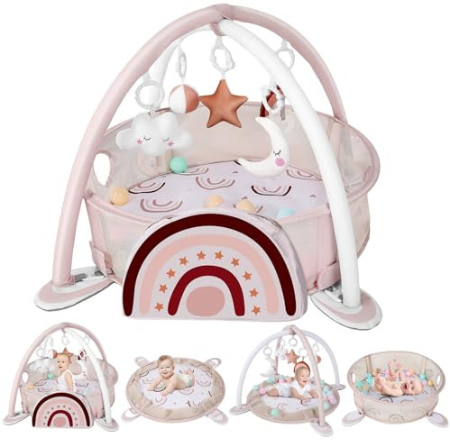 derimkcoa Spielbogen Baby, Baby Gym mit 6 abnehmbare Aktivität Spielzeug, frühe sensorische Entwicklung Baby Play Mat für Kleinkind & Neugeborene (Rainbow)
